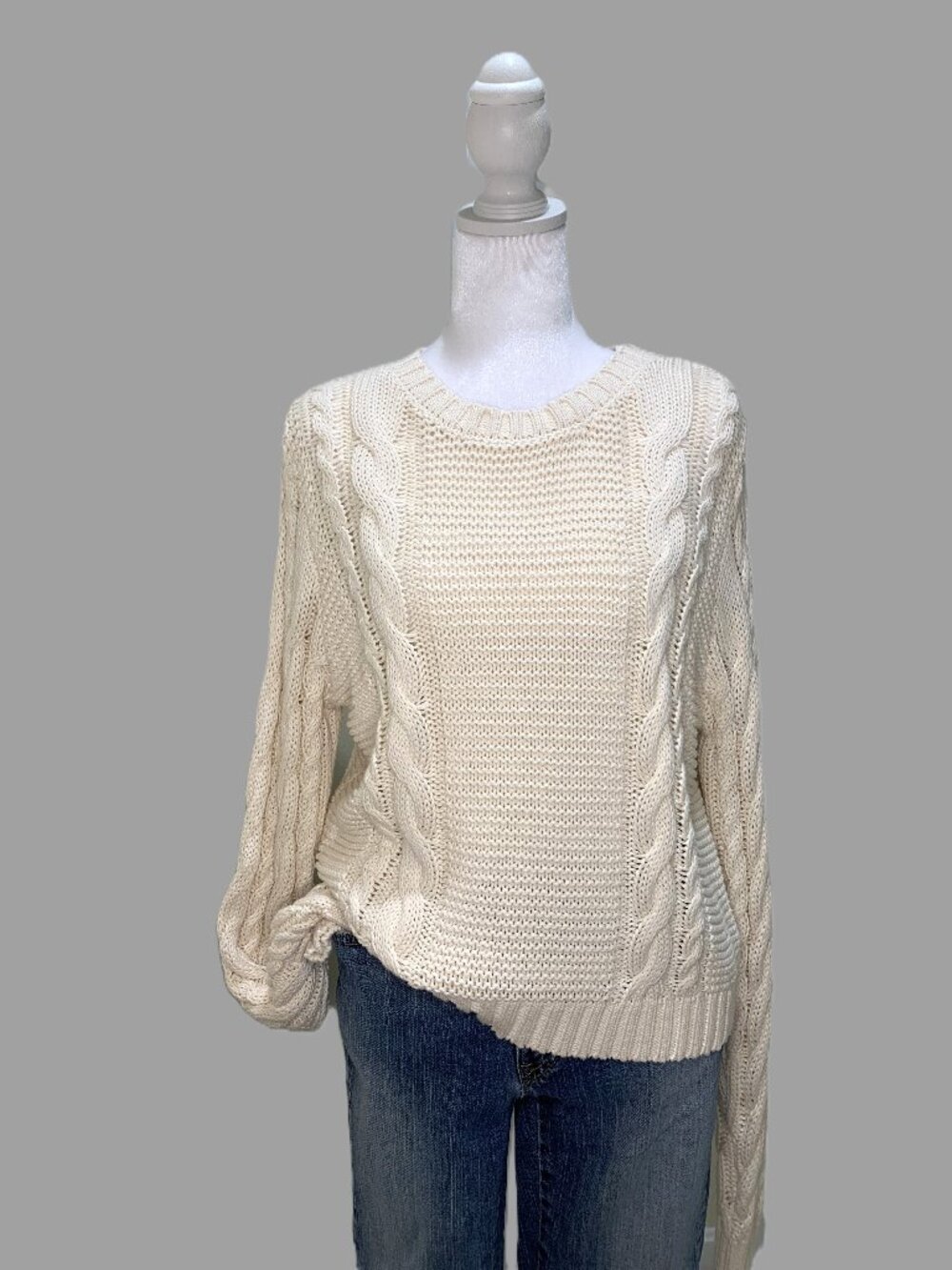 Brand New BRIT.NY 100% Cotton Cable‑Knit Cream Women Sweater Cozy Basic Size L
